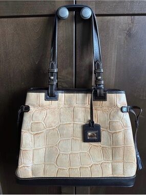 Dooney & Bourke Cream Croc-Embossed Tote with Dark Brown Trim